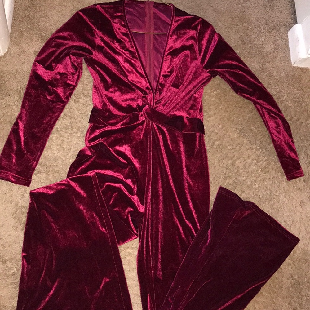 Velvet Burgundy Deep V Neck Bodycon Jumpsuit